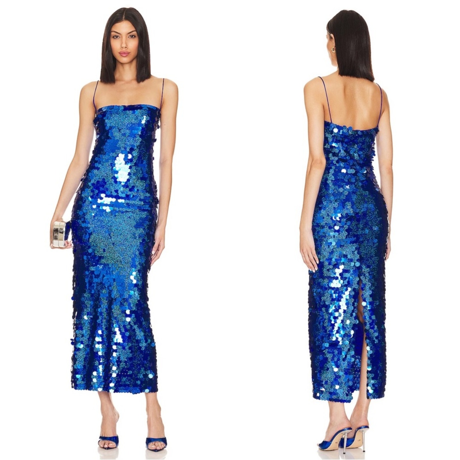 New Arrivals By Ilkyaz Ozel Blue Hologram Sequin Phoenix Midi Dress Sz 6